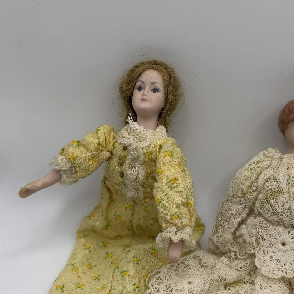 3‎ Miniature Porcelain Bisque & Fabric Dollhouse Dolls 5.75